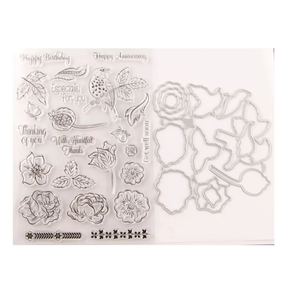 

2121 Leaves Flowers Bird Stamp and Dies Transparent Clear Silicone Stamp Cutting Die Set for DIY Scrapbooking Photo Decorative