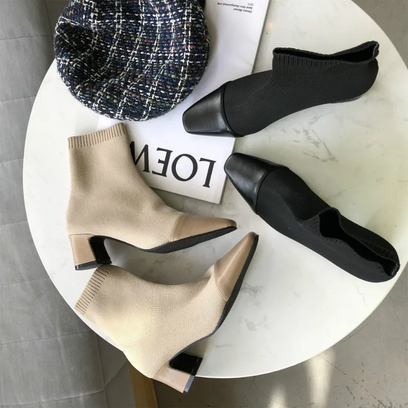 MONMOIRA растягивающиеся вязаные сапоги-носки в стиле пэчворк; женские винтажные ботильоны с квадратным носком; женская зимняя обувь на толстом каблуке; E855