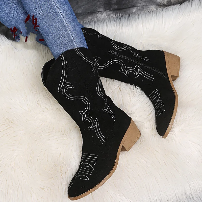 Women's Western Boots Autumn Vintage Long Tube Knight Boots Large Embroidered High-heeled Leather Shoes Knee Length Cowboy Boots