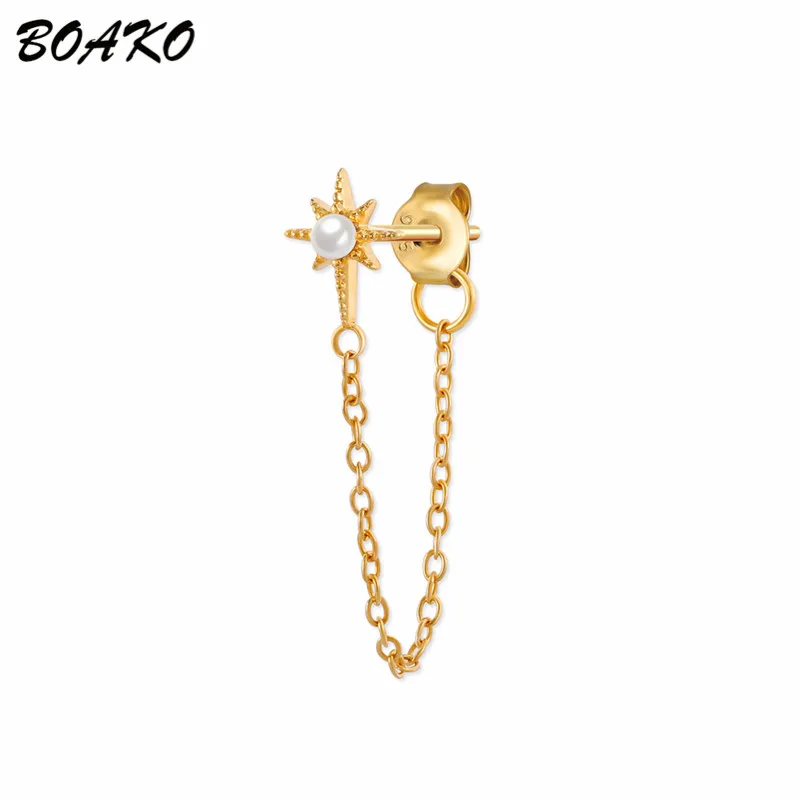BOAKO, корейские серьги-гвоздики для женщин, ювелирные изделия из стерлингового серебра 925 пробы, длинная нитевая серьга, радужная CZ, луна, звезда, кисточкой, цепочка, серьги - Окраска металла: CRE-Gold-5