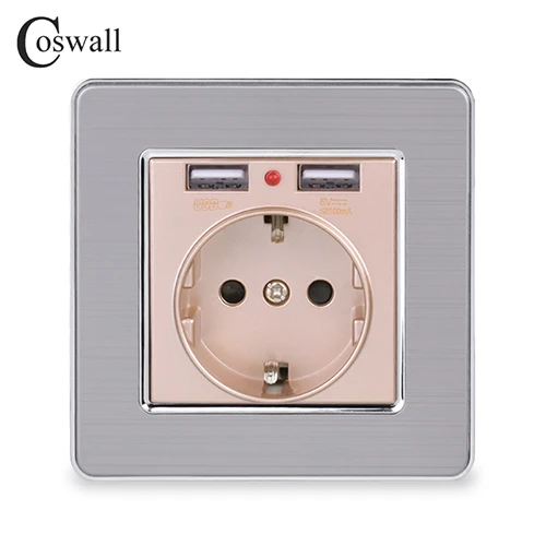 Coswall, двойной usb порт для зарядки, 5 В, 2,1 А, светодиодный индикатор, 16А, настенная розетка европейского стандарта, панель из нержавеющей стали, серый, черный, белый, золотой - Тип: Gold