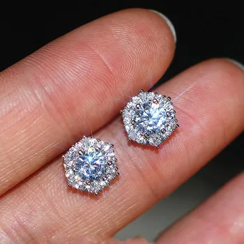 

Luxury Female White Diamond Stud Earrings Simple 925 Sterling Silver Hexagon Earrings For Women Vintage Double Earrings