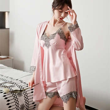 

Female Summer Sexy 3 PCS Sleep Set Casual Soft Robe Kimono Bathrobe Gown Silky Satin Pink Sleepwear Nightwear Wedding Robe Set