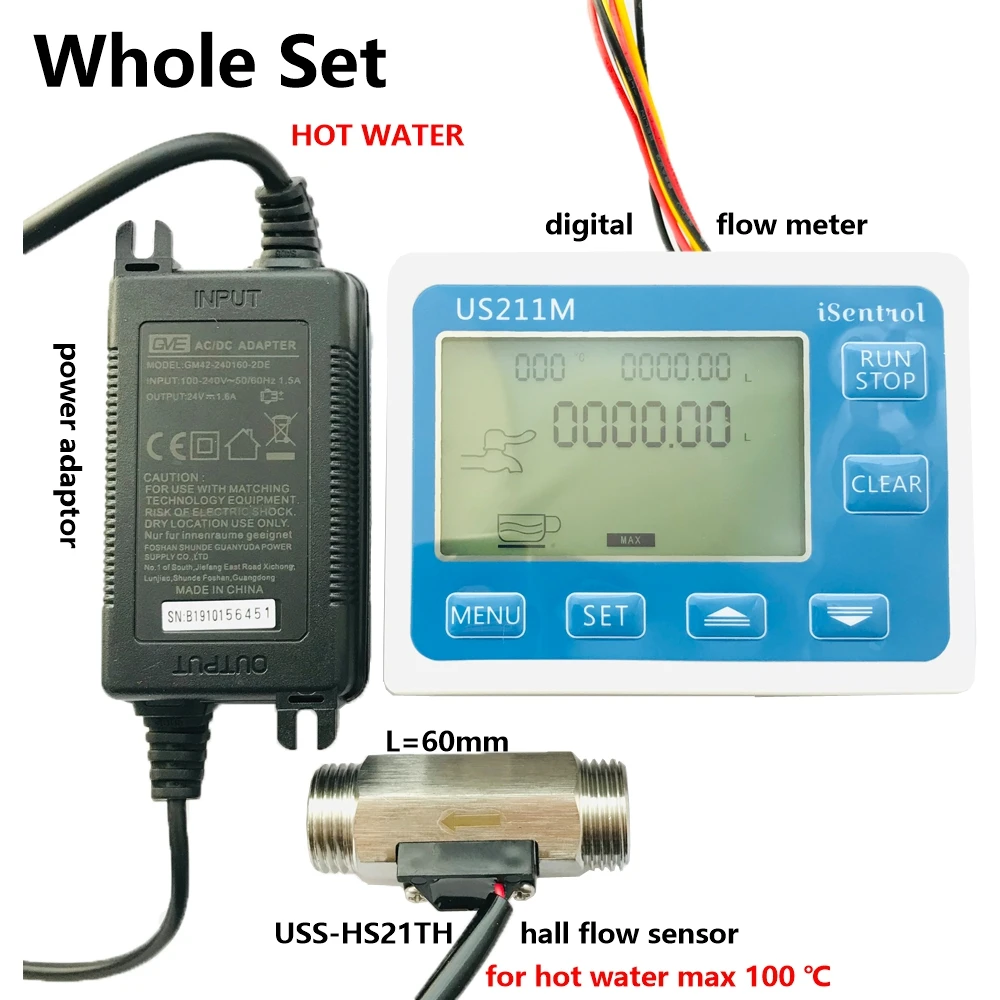 

US211M Hot Water Set Digital Water Flow Meter with Stainless Steel SUS304 USS-HS21TH 1-30L/min Hall Water Flow Sensor Reader