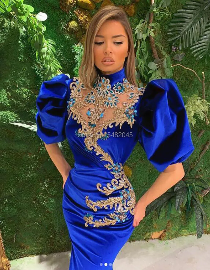 LORIE Arabic Evening Dresses Gold Appliques Beaded Velvet Mermaid Prom Gown Blue Celebrity Party Dress vestido de fiesta largo