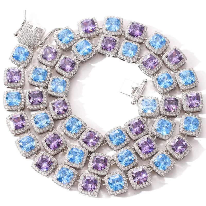 

Hip Hop Rhinestone Necklace Blue Purple Cubic Zircon Tennis Chain Link for Men Women Couple Jewelry