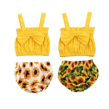 

2Pcs Baby Girls Outfit Summer Solid Sleeveless Top Sunflower Print Shorts Set