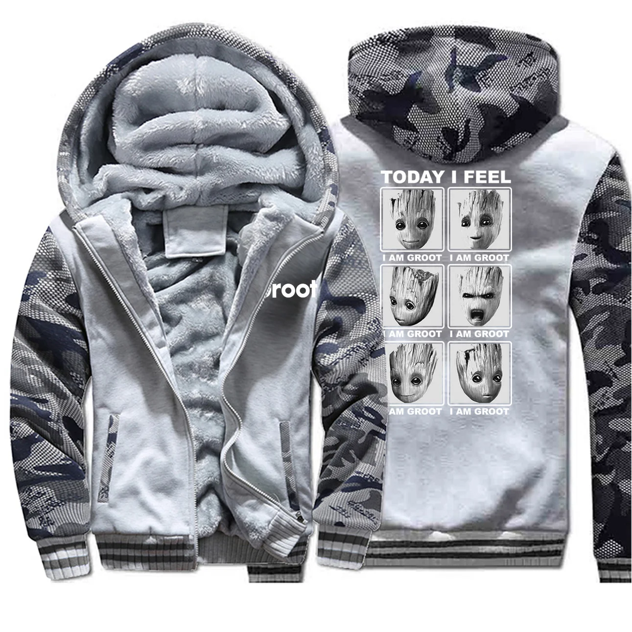 Light Gray 6 Сегодня I Feel I Am groot, плотные флисовые толстовки с принтом, мужские камуфляжные толстовки с капюшоном, мужская зимняя куртка, уличная Толстовка в стиле хип-хоп - Цвет: Light Gray 6