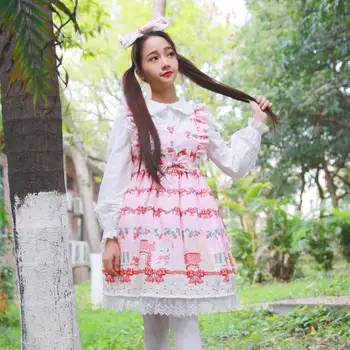 

Spring Autumn Hot New Products Kawaii Strawberry Picnic Rabbit Japanese Lolita Cute Sweet Bow Lace Sleeveless Dress