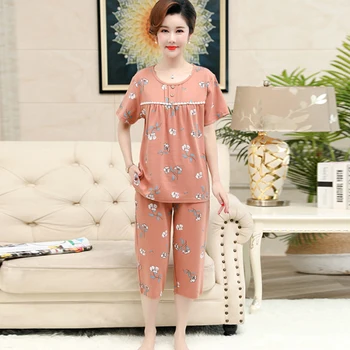 

LeisureWomen's pajamas set summer spring large size middle-aged and elderly mother short-sleeved top + cropped two-piece suit