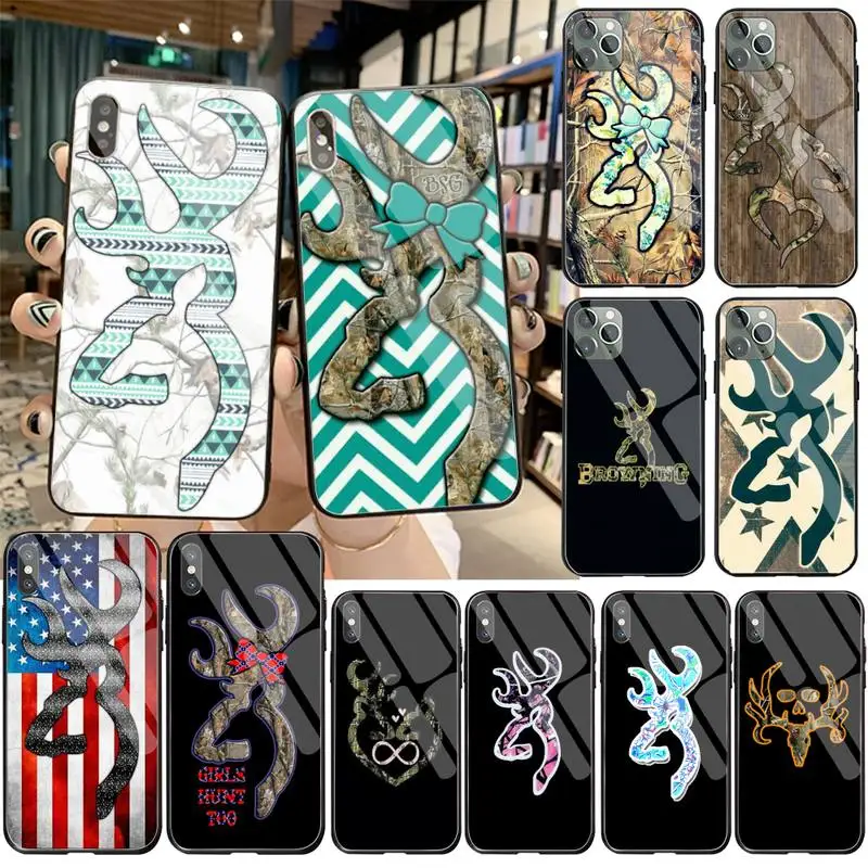 

YJZFDYRM Camo Browning Phone Case Tempered Glass For iPhone 11 Pro XR XS MAX 8 X 7 6S 6 Plus SE 2020 case