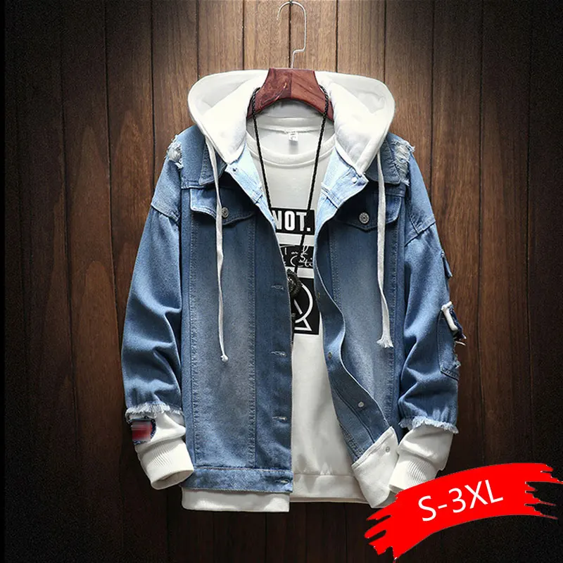

Men Jackets Spring Autumn Fake Two Pieces Patchwork Denim Hooded Jacket Causal Worn Hole Coat Outwear Male Plus Size