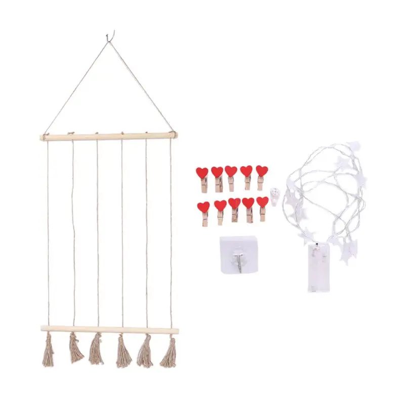 

50cm Wooden Stick Rectangle Hanging Photo Display Wall Hanging Photos Organizer with LED Light Clips Living Room Home Decor