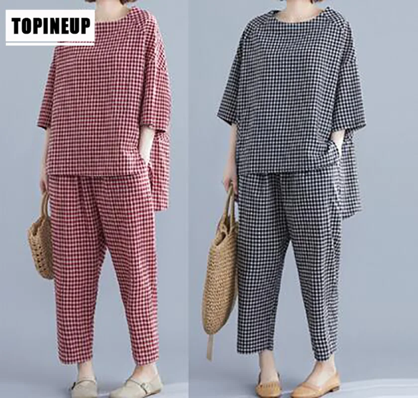 

Spring Autumn 2019 Women's 2 Piece Casual Comfortable Loose Cotton and Linen Plaid Tops + Harem Pants Women Two Piece Sets