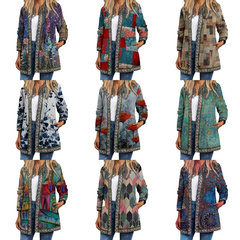 

Autumn Winter 2022 Cardigan Women's Vintage Ethnic Floral Printed Long Sleeve Tunic Jackets Ladies Loose Outerwear Chic Top Coat