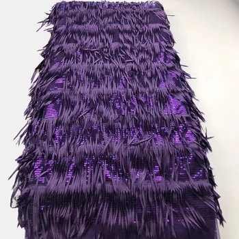 

6colors Fashion purple African tassels lace fabric French net lace fabric with shining sequins for gorgeous party dress FLH009