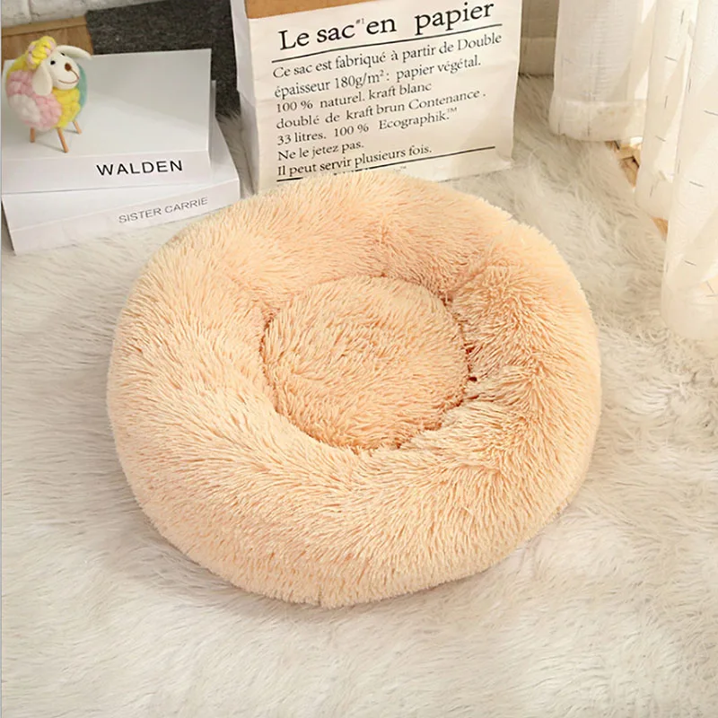 Apricot Зимняя новая Радужная собачья кровать для маленьких, средних и больших собак, кошек, мягкий плюшевый лежак, Круглый котенок, щенок, собачий коврик, питомник - Цвет: Apricot