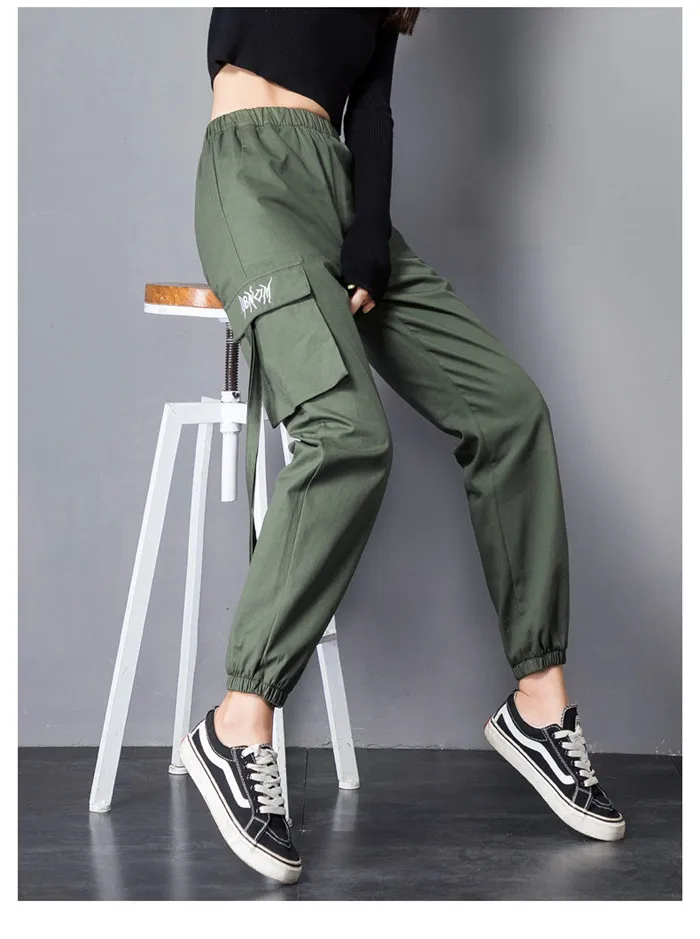 Большие размеры женские брюки шорты с завышенной талией и карманами пуговицы женский эластичный пояс брюки цвета хаки свободные Уличная Брюки карго женские