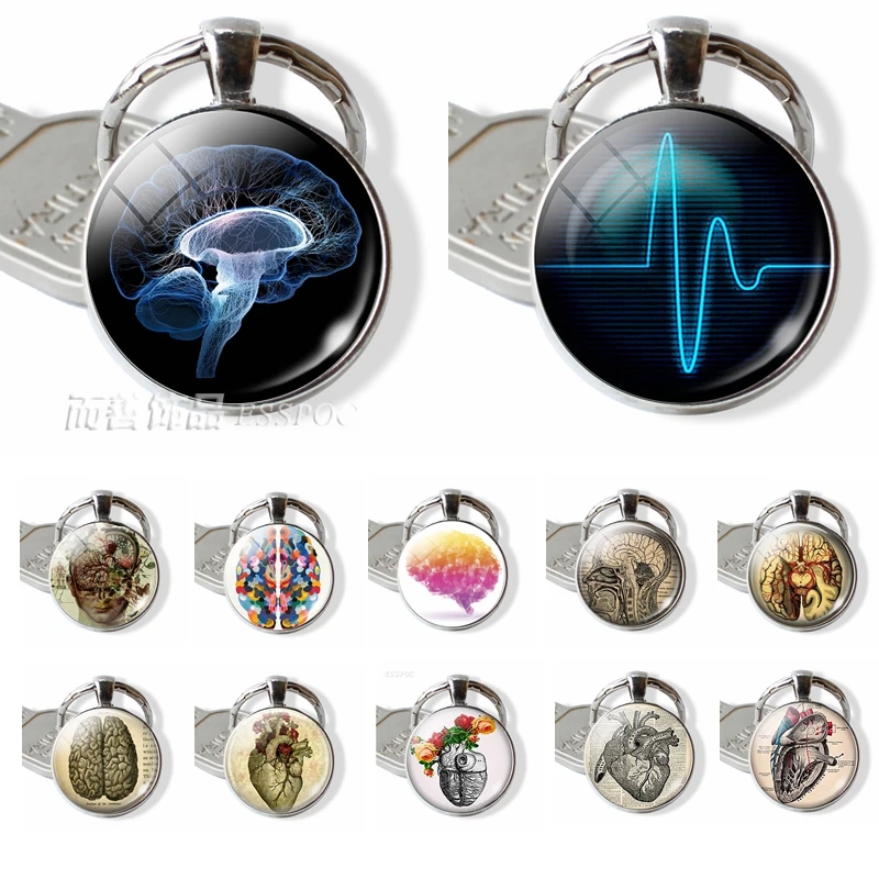 Сердечного ритма кулон Анатомическое Сердце брелок со стеклянным кабошоном ювелирных изделий из серебра металлическая цепочка для ключей кольцо Для мужчин врачей подарок на Хэллоуин