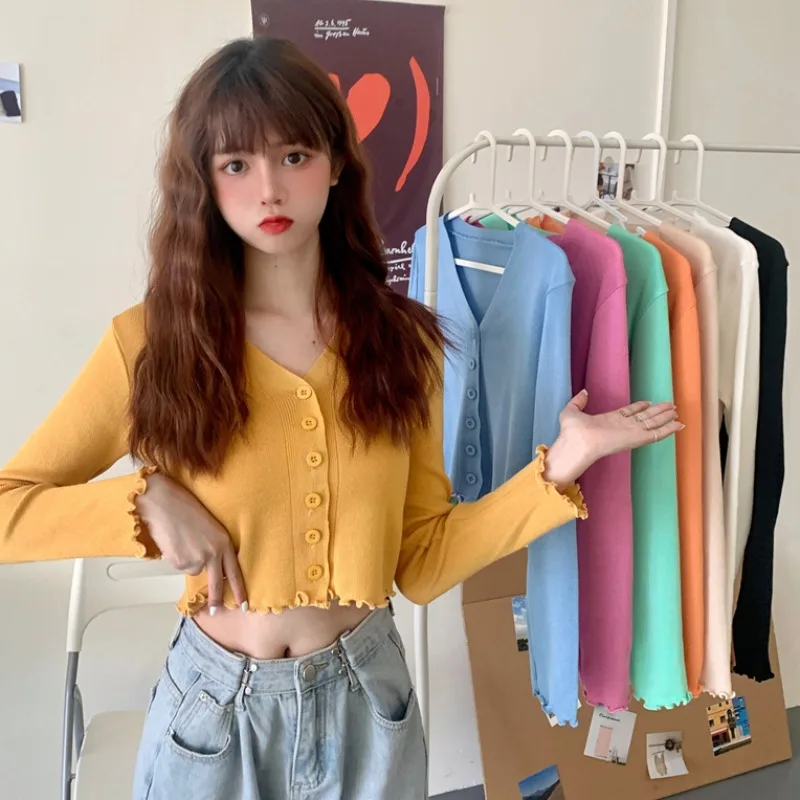 

Candy Color Ribbed Knitted Cardigan Women Autumn Winter Long Sleeve Basic Cropped Sweaters Female Casual Short Jumper TopMyself