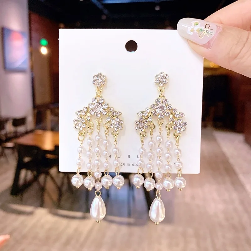 

Korea Luxury Clear Rhinestone Crystal Waterdrop Simulated Pearl Tassel Long Drop Earrings For Women Party Statement Pendientes