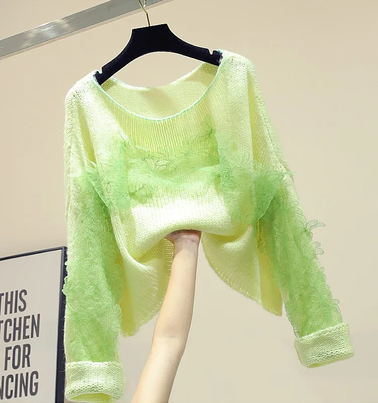 

New Fashion Women Autumn Lace Stitching Loose Pullover Knitted Sweater Female Students Thin Knitwear Tops