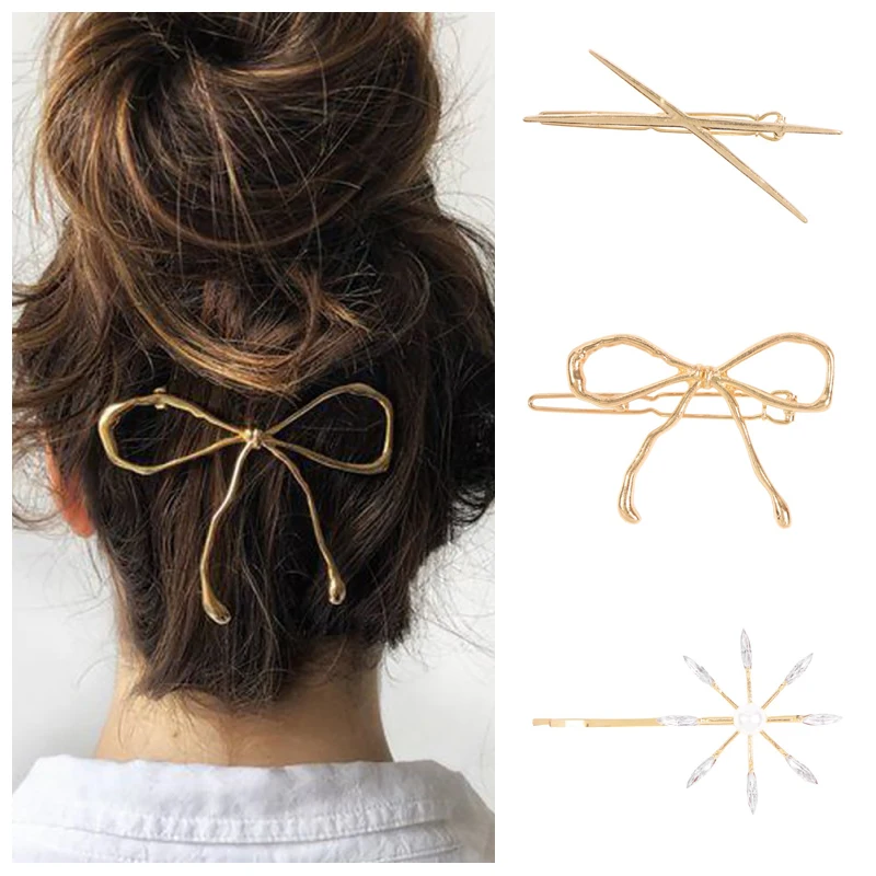 Бант, металлическая заколка для волос, булавка, Женский бант, тиара, крест для волос, имитация, заколка с жемчужиной золотистые шпильки для волос, простые аксессуары для волос, головной убор