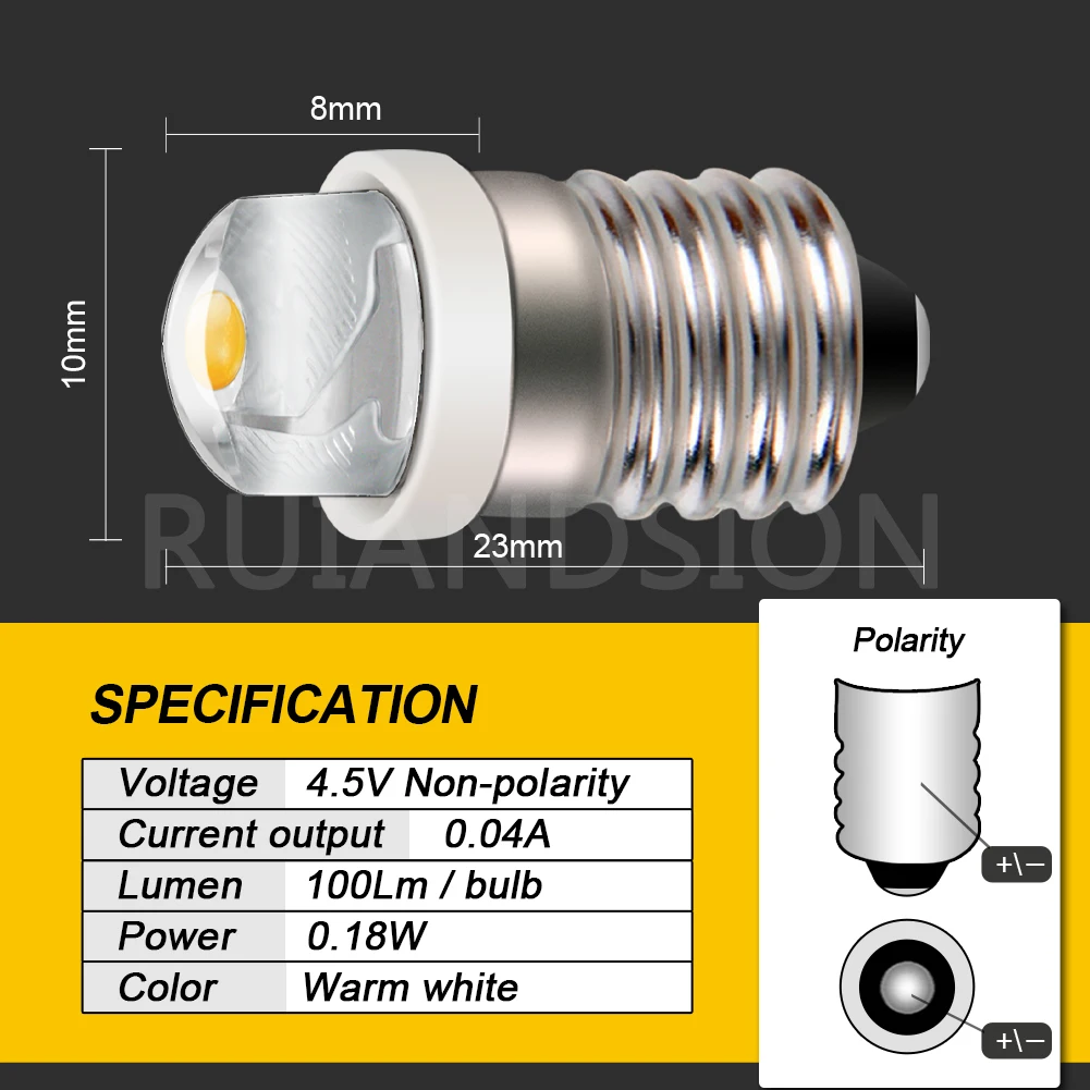 RUIANDSION Wholesale 50Pcs E10 Screw 100Lm Lantern Torch Machine LED Bulb 3V 4.5V 6V 12V 0.5W 2-6Cells Nonpolar 4300K 6000K