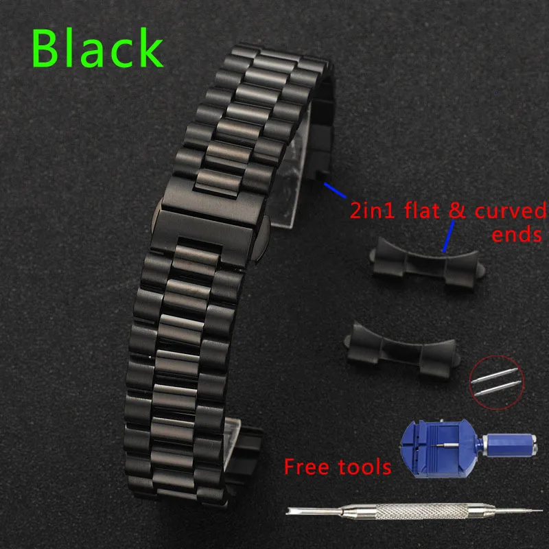 Ремешок для часов из нержавеющей стали 12, 13, 14, 16, 17, 18, 19, 20 мм, 21, 22 мм, ремешок для часов, 3 ряда, плоский изогнутый конец, сменные Ремешки для наручных часов с инструментами - Цвет ремешка: Черный