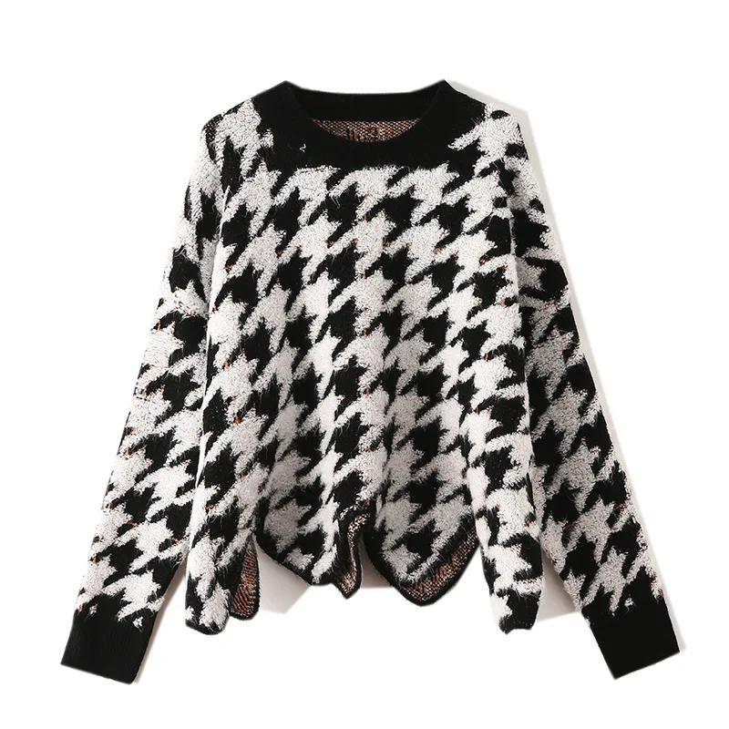 Модный осенне-зимний свитер с узором «гусиная лапка», Женский пуловер, необычный Повседневный свободный винтажный корейский женский топ, вязаная одежда, CY-001 - Цвет: Черный