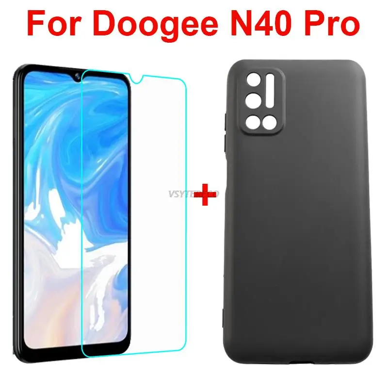 Doogee N40 Pro 소프트 블랙 TPU 케이스, Doogee N40 Pro N40Pro 케이스 vetro용 강화 유리 360 도 전체 보호 케이스