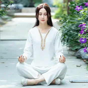 

New Arrivals 2020 spring and autumn women's Yoga suit cotton linen embroidery Taiji Zen suit women's two piece set
