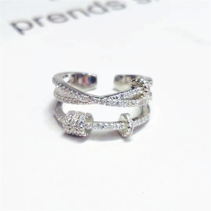 

Sole Memory Double Layer Delicate Cool Cross Rhinestone 925 Sterling Silver Female Resizable Opening Rings SRI404