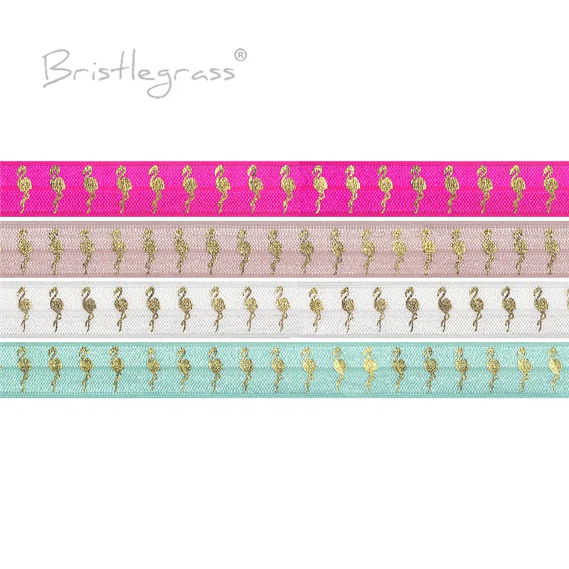 BRISTLEGRASS 5 Yard 5/8&quot 15mm Flamingo Gold Foil Print FOE Foldover Elastic Spandex Band Hair Tie Headband Tutu Dress DIY Sewing |