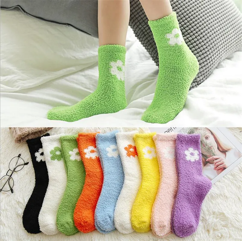 5Pairs/lot Cute Candy Color Solid Soft Women Fluffy Socks Coral Velvet Winter Warm Home Indoor Floor Terry Towel Fuzzy Socks