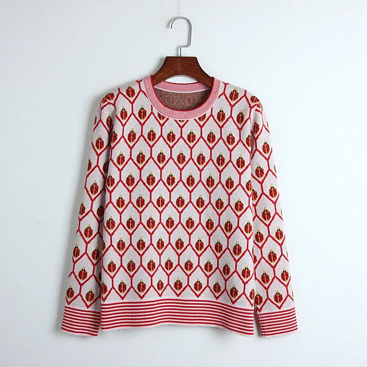 2019 Autumn Winter Ladybird Print Women Jacquard Sweaters Pullovers Long Sleeve Female Knitted Sweater Jumper Christmas Clothes |