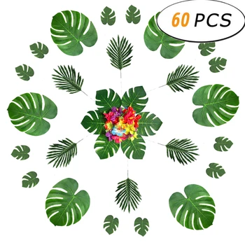 

60Pcs Hawaii Beach Theme Tropical Artificial Plant Leaves Party Decorations