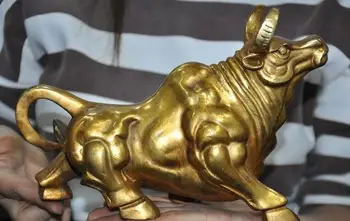 

9"China Feng Shui bronze Gilt Lucky Wealth Ox Oxen Cow Cattle Bull Bovine Statue