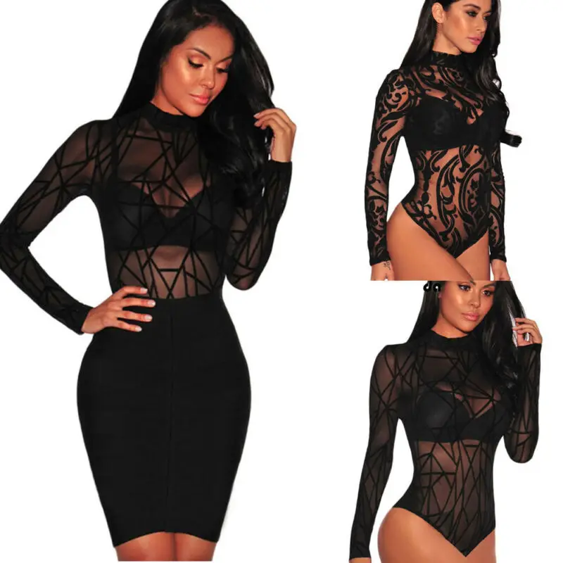 Sexy Women Lace See Through Slim Body Sheer Mesh Dolcevita Manica Lunga Body Stampa Tuta Striscia Stretta Top Casual