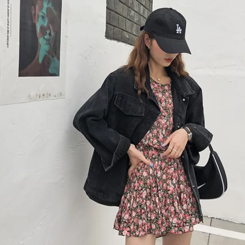 

2021 Spring/Autumn New Cowboy Jacket Multi-flower Embroidery on Back Fashion Long Sleeve Casual Chic Jacket Korea Women's Coat