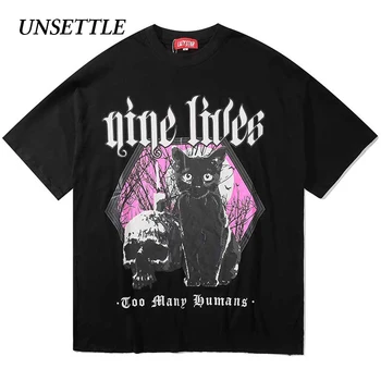 

UNSETTLE 2020SS Harajuku T-shirts Summer Men/Women Hip Hop Gothic Funny Print Cat Tshirt Streetwear t shirt Short Sleeve Tee Top