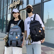 

Japanese School Bag Black with Badges Large Unisex Backpack for Laptop School Backpacks for Teenagers Travel Bag Frog Pendant
