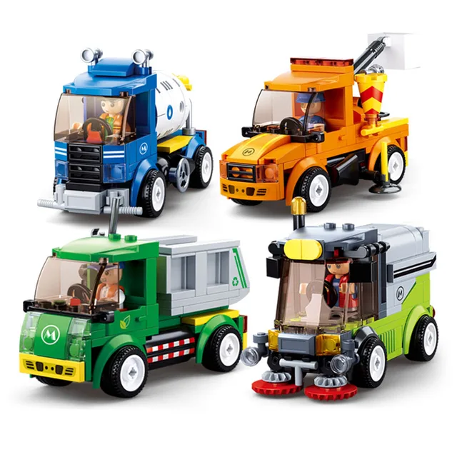 City Town Building Block City Great Vehicles Municipal Car Garbage Truck Light Repair Truck Road Sweeper Sprinkler Bricks Toy 1