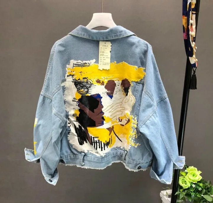 Hand-painted Pattern Chic Coat Letters Print Cool Girl Denim Jacket 2019 Spring Autumn Fashion Pockets BF Outwear |