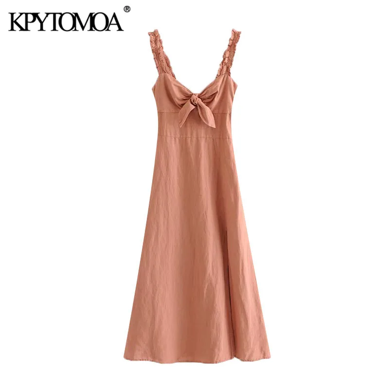 KPYTOMOA Women 2020 Chic Fashion With Bow Slit Linen Midi Dress Vintage Backless Elastic Side Zipper Straps Female Dresses Mujer KPYTOMOA Women 2020 Chic Fashion With Bow Slit Linen Midi Dress Vintage Backless Elastic Side Zipper Straps Female Dresses Mujer