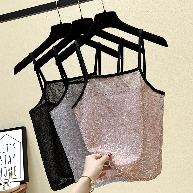 

Photo Shoot 2019 Korean-style New Style Tidal Harbor-Style Trend Cool Tube Top Flashing Sequin Transparent Camisole Vest