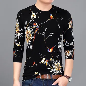 

Flowers Bird Printed Sweater Mens Fashion Pullover Slim Fit Pull Homme Mens M-3XL