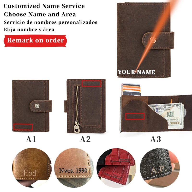 Custom Name Men Card Case Credit Card Holder Aluminium Box Customize Business Crazy Horse Leather Men Wallets ID Card Holders