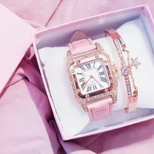 Femmes diamant montre étoilé carré cadran Bracelet montres ensemble dames Bracelet en cuir Quartz montre-Bracelet femme horloge Zegarek Damski