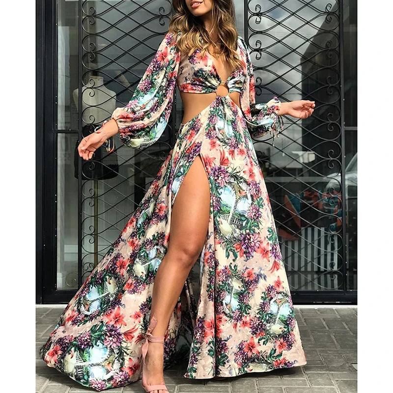 

Vintage flower print maxi dress woemen Lantern sleeve front cut down high split long Dresses Summer 2019 Beach dress Robe Femme